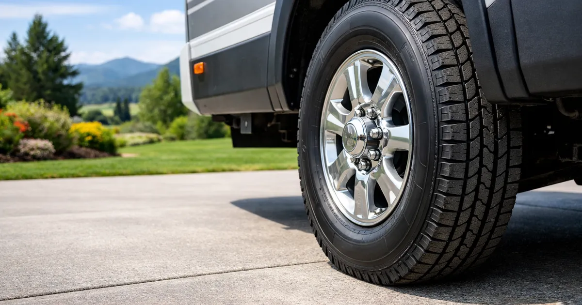 Primer plano de un neumático de autocaravana sobre suelo limpio, mostrando flanco y dibujo