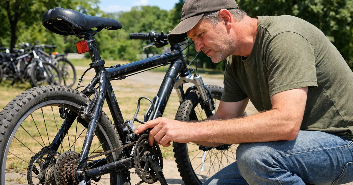 Bici de segunda mano inspeccionada al aire libre, con atención al cuadro, transmisión y ruedas