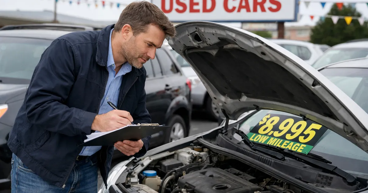 Persona revisando el motor de un coche de segunda mano frente a un concesionario