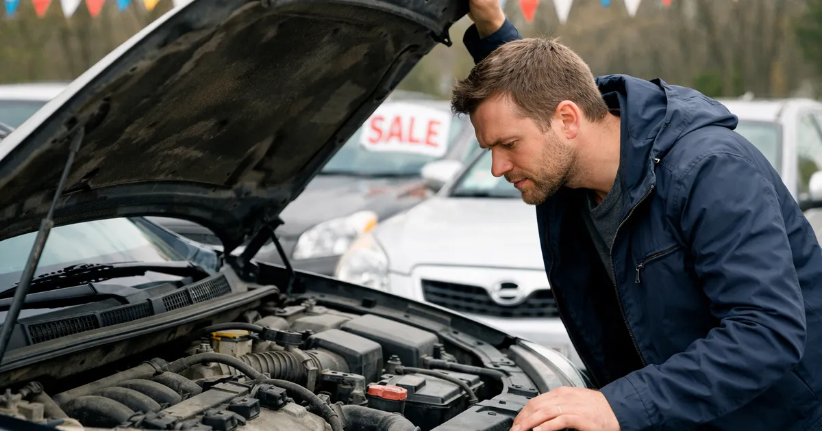 Persona revisando el motor de un coche de segunda mano aparcado al aire libre bajo luz natural