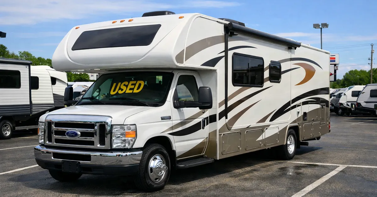 Autocaravana de segunda mano aparcada en un concesionario, luz natural y fondo limpio