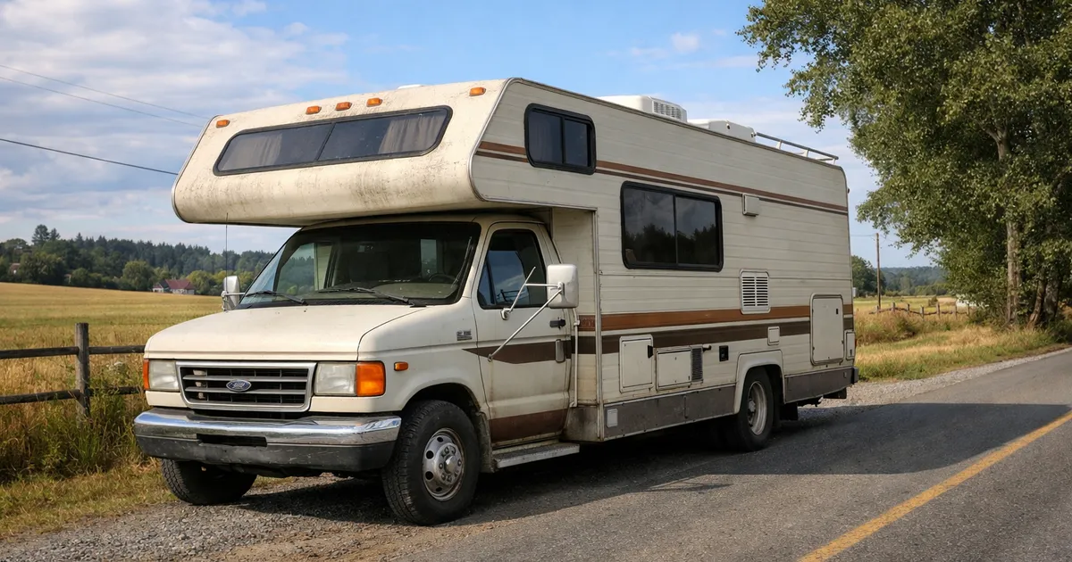 Autocaravana de segunda mano aparcada junto a una carretera rural bajo luz natural, vista lateral.