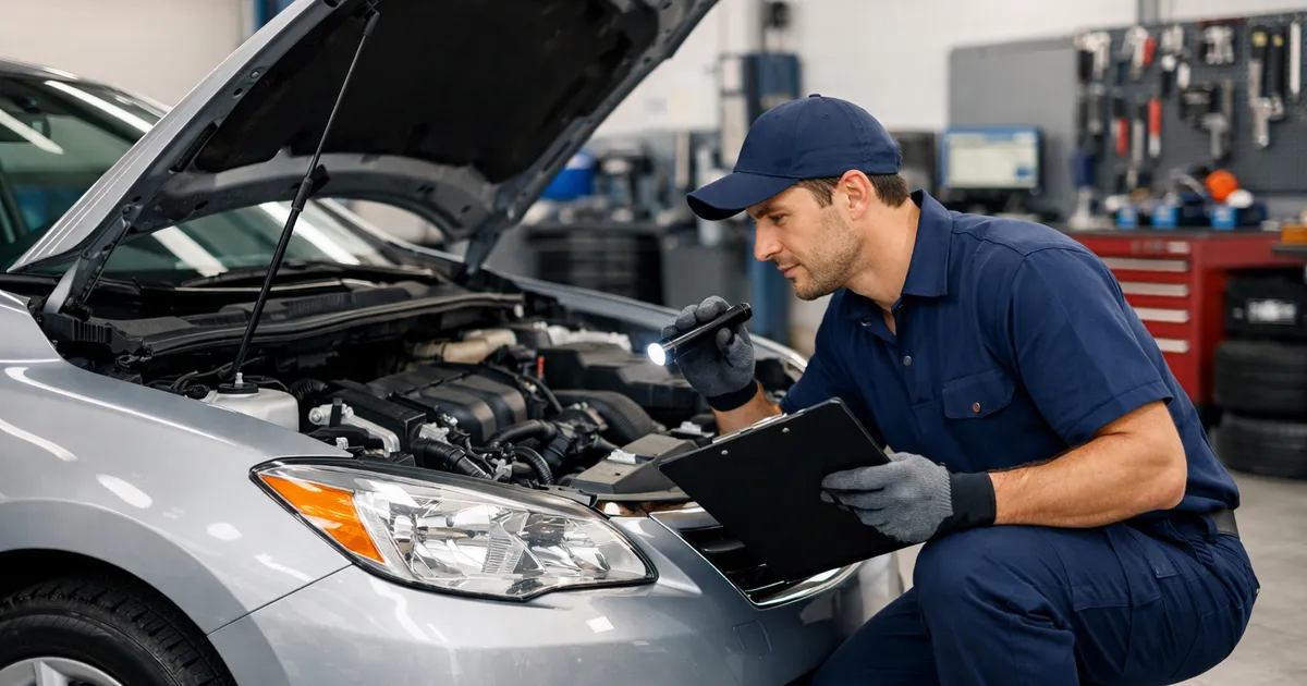 Mecánico inspeccionando el motor de un coche de segunda mano en un taller limpio