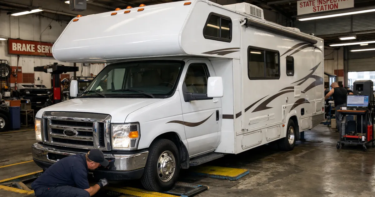 Autocaravana de segunda mano en taller durante una revisión mecánica, vista lateral