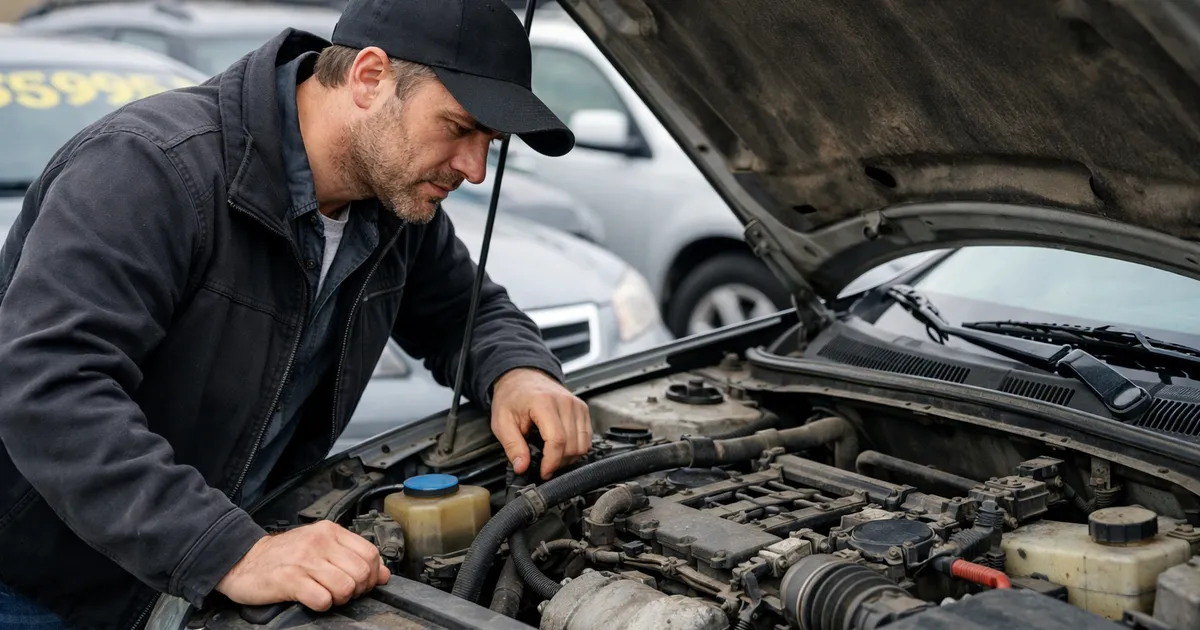 Persona revisando el motor de un coche de segunda mano con el capó abierto