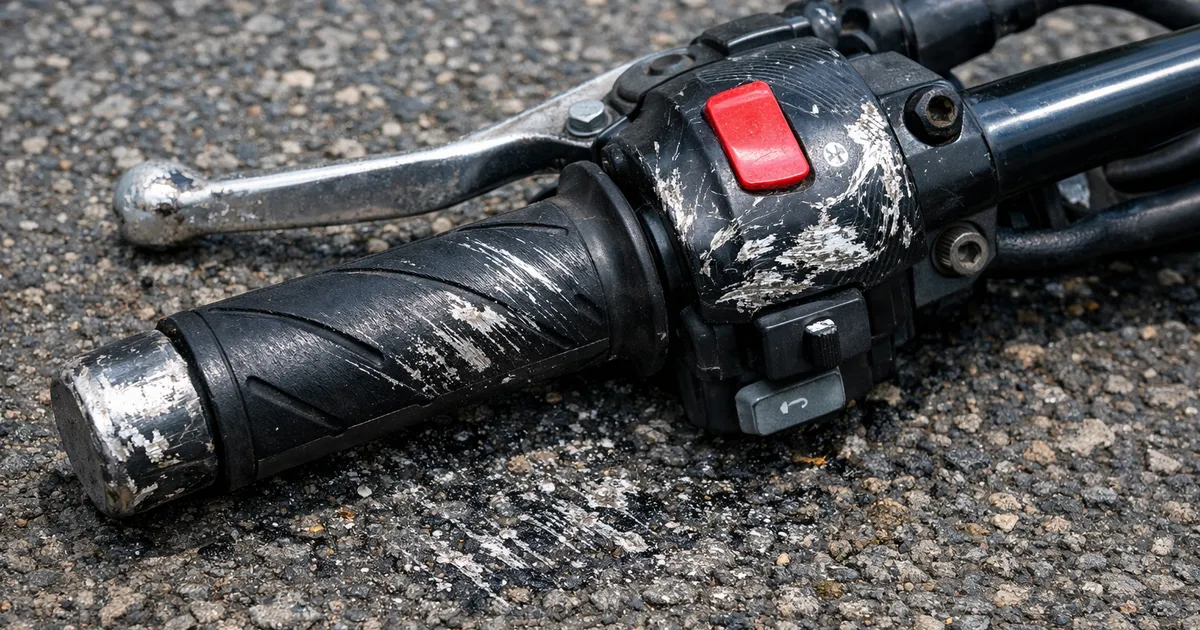 Maneta de moto usada con la punta raspada y arañazos junto al asfalto