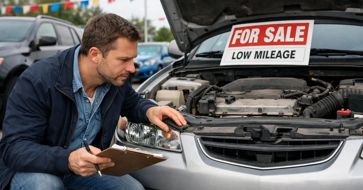 Persona inspeccionando un coche de segunda mano aparcado al aire libre